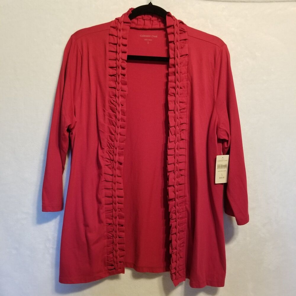 Coldwater Creek L Cardigan Open Front Red Jersey Knit Ruffled Edging Holiday NWT